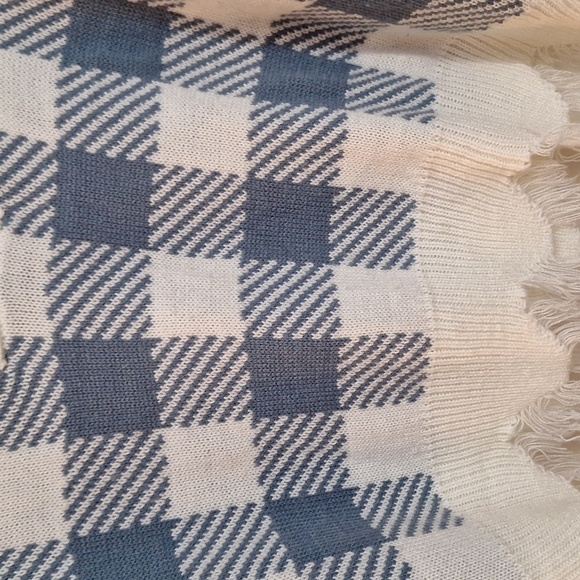 NWOT JUST POLLY New York plaid BLUE WHITE frayed pullover sweater XLG - Picture 7 of 13